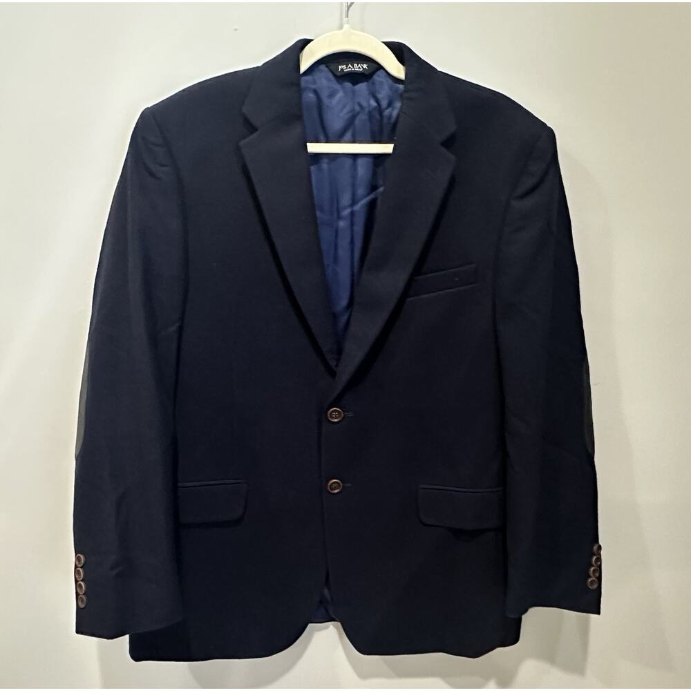 Jos A Bank 42R Wool‎ Sport Coat Blazer Elbow Patches Traditional Fit Navy